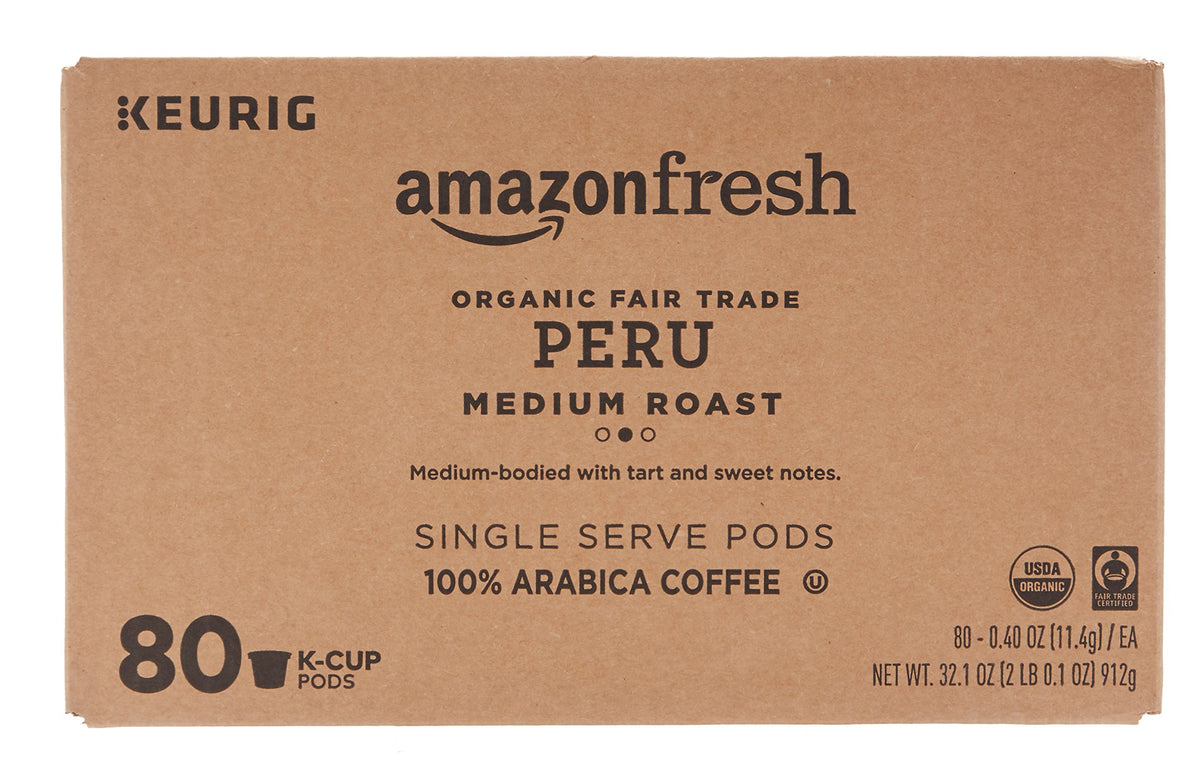 Amazon Fresh Peru medium roast K-Cups for Keurig brewers, delivering a balanced cup.