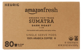 AmazonFresh Sumatra dark roast K-Cups brewing a rich aroma in minutes