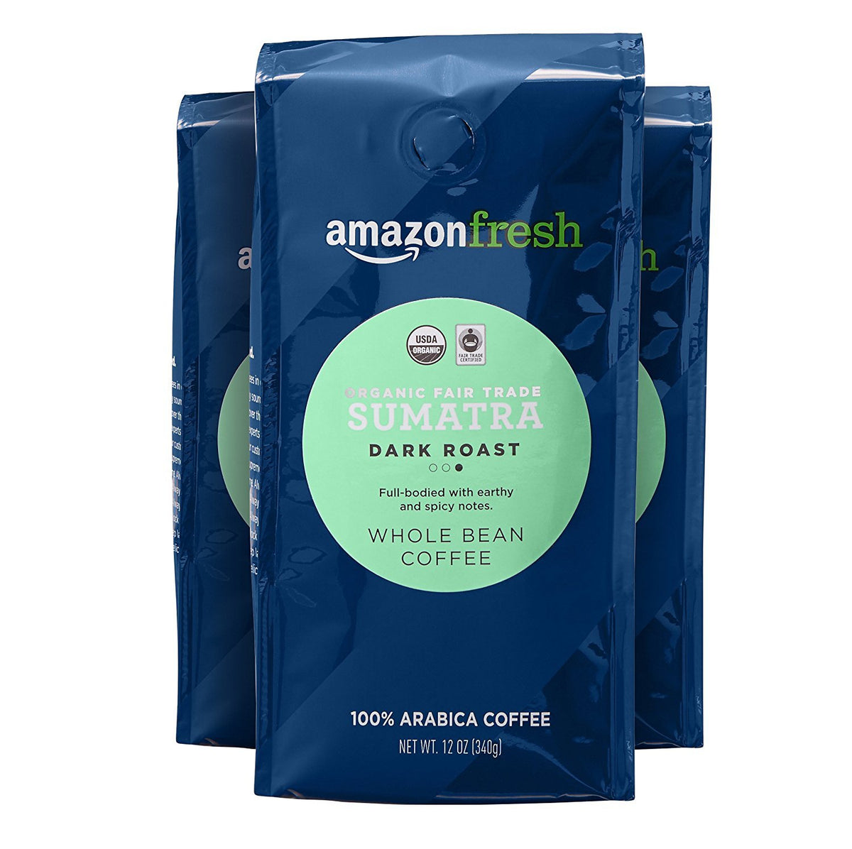 Amazon Fresh Sumatra Organic Dark Roast whole-bean pack for bold mornings.