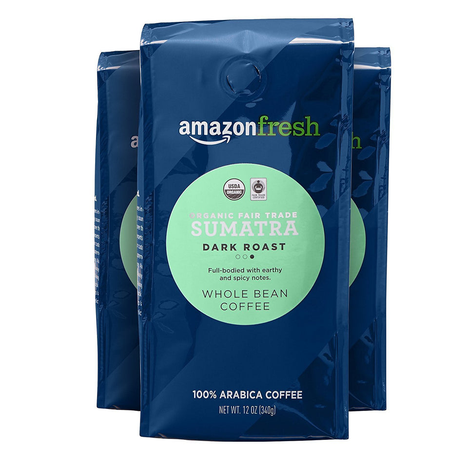 Amazon Fresh Sumatra Organic Dark Roast whole-bean pack for bold mornings.