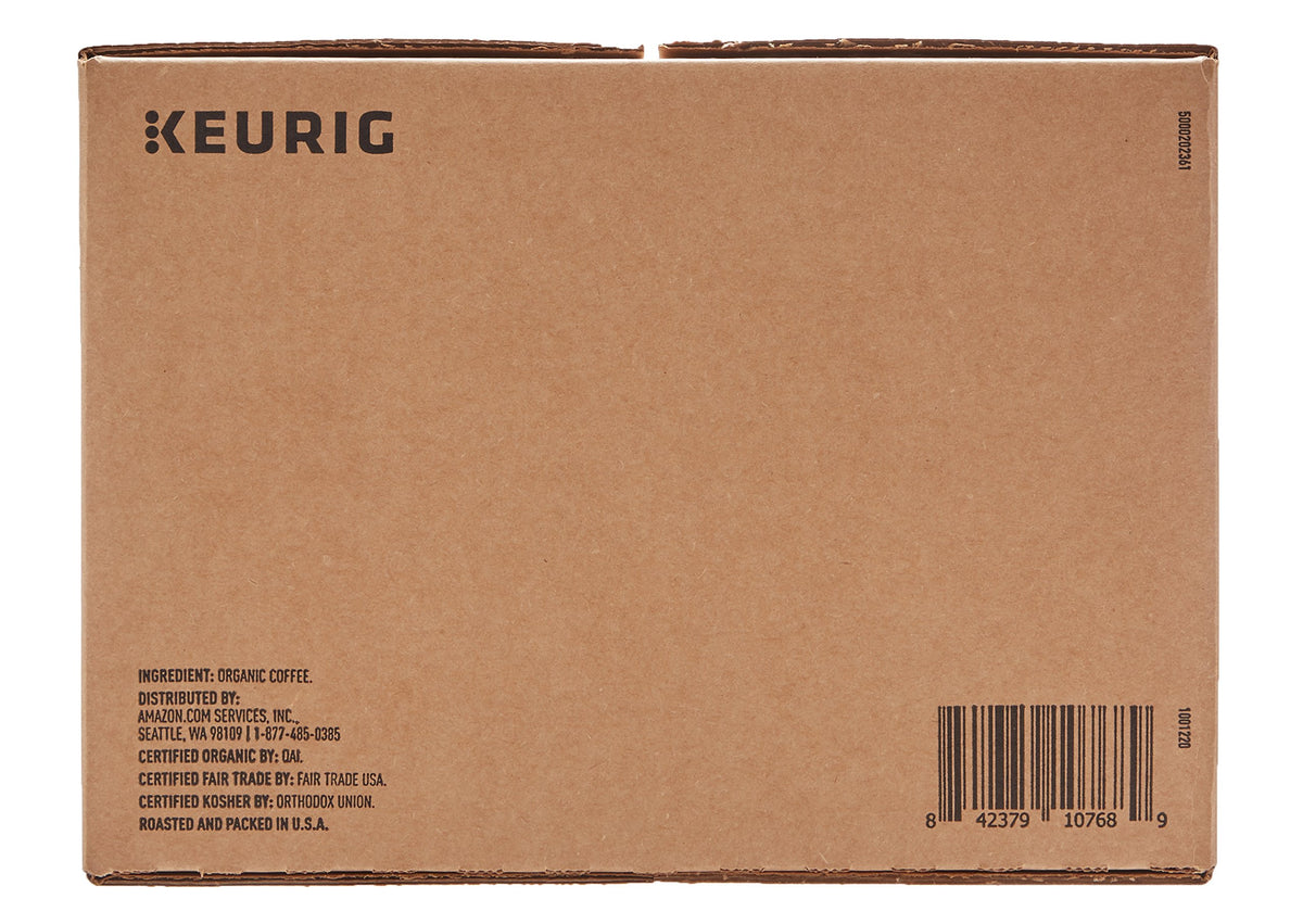 Amazon Fresh USDA Organic Fair Trade Arabica K-Cups emphasize ethical sourcing and aroma.