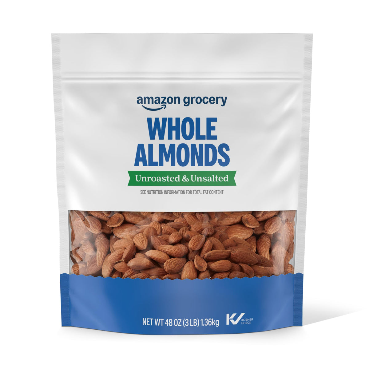 Amazon Grocery whole almonds unroasted and unsalted—snack-ready option.
