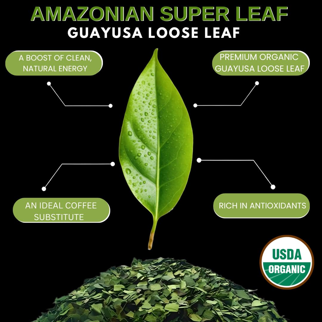 Amazonian Treasure Guayusa leaf closeup reveals vibrant, high-quality leaves.