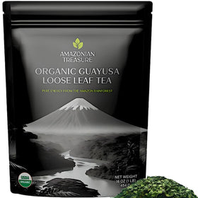 Amazonian Treasure Guayusa packaging highlights premium leaves for fresh aroma.