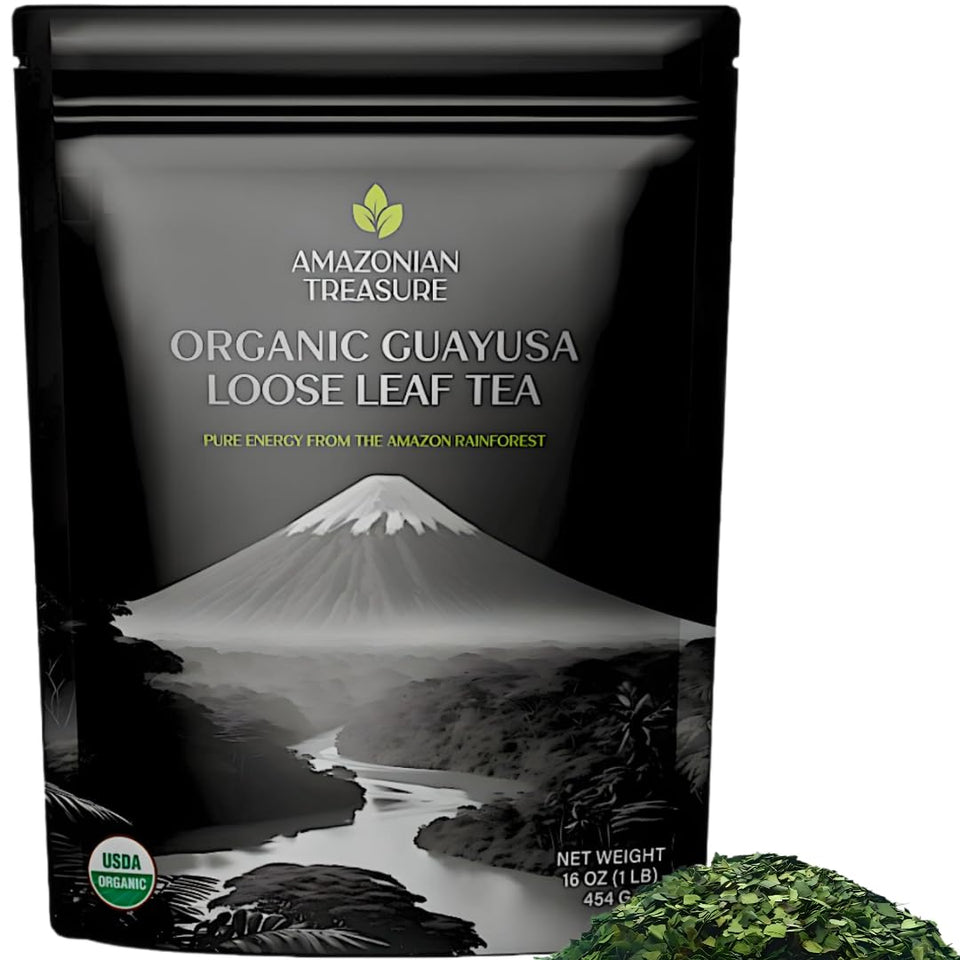 Amazonian Treasure Guayusa packaging highlights premium leaves for fresh aroma.