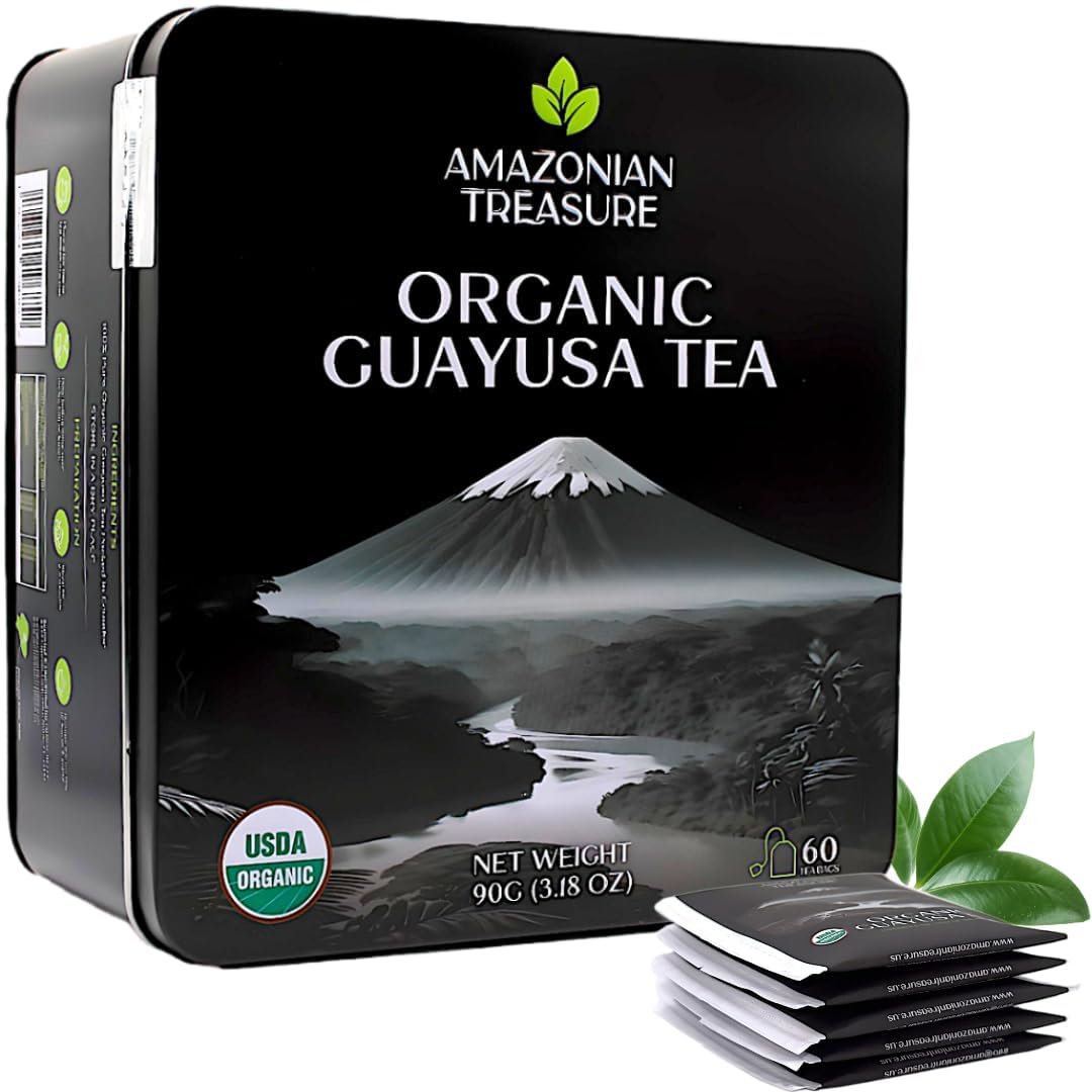 Amazonian Treasure Guayusa tea tin packaging highlights premium organic leaves and lasting freshness.