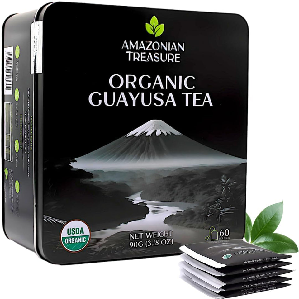 Amazonian Treasure Guayusa tea tin packaging highlights premium organic leaves and lasting freshness.