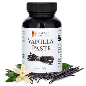 Amber Premium Vanilla Paste bottle close-up showing real vanilla specks for richer flavor.