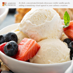 Amber Premium Vanilla Paste on ice cream swirl demonstrates creamy vanilla dessert use.