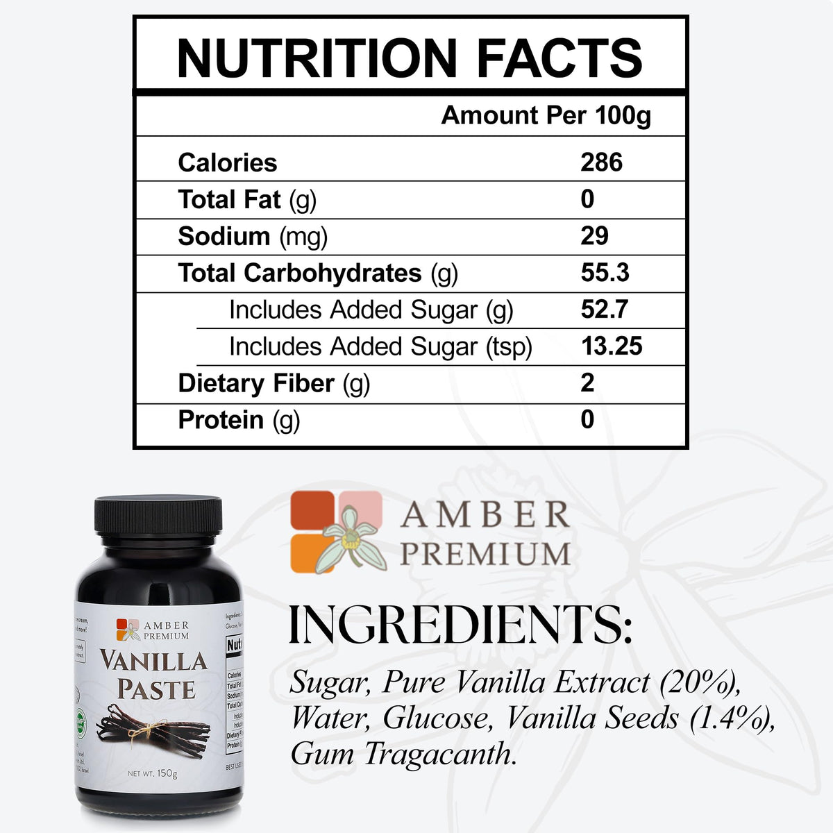 Amber Premium Vanilla Paste logo with kosher and vegan notes for dietary options.