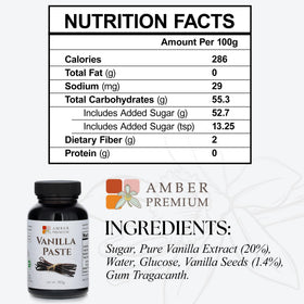 Amber Premium Vanilla Paste logo with kosher and vegan notes for dietary options.