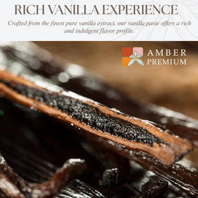 Amber Premium Vanilla Paste with visible specks highlights authentic Madagascar vanilla.