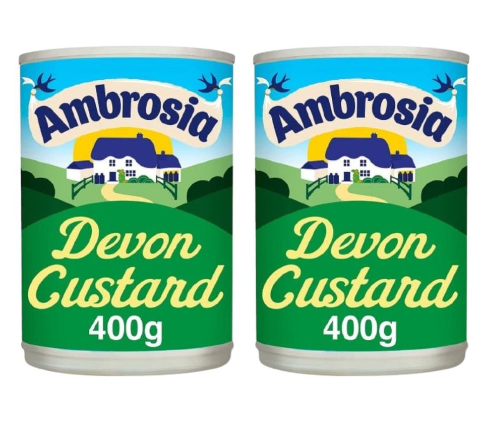 Ambrosia Devon Custard 400g twin pack on the counter, ready to enjoy.