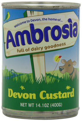 Ambrosia Devon Custard can close-up, creamy texture ideal for desserts.