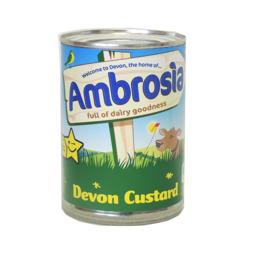 Ambrosia Devon Custard can close-up, creamy texture ideal for pies and desserts
