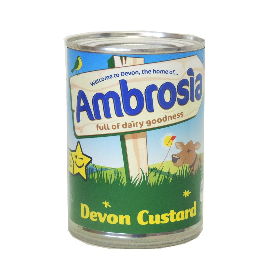 Ambrosia Devon Custard can close-up, creamy texture ideal for pies and desserts