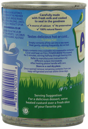 Ambrosia Devon Custard ingredients highlight, milk-rich base for creamy indulgence.