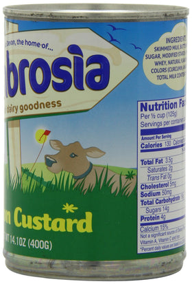 Ambrosia Devon Custard spoon close-up, silky texture for a comforting treat.