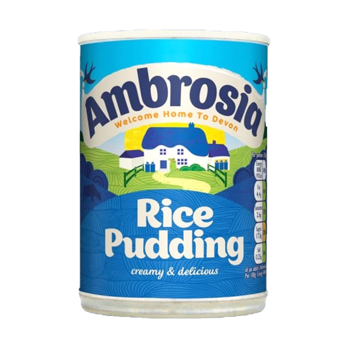 Ambrosia Devon Rice Pudding can on table, creamy and convenient ready-to-eat.