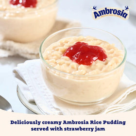 Ambrosia Devon Rice Pudding topped with fruit, ideal for breakfast or snacks.