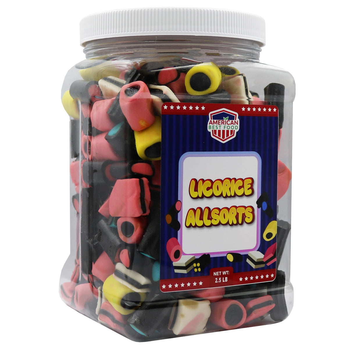 American Best Food Licorice Allsorts jar with colorful shapes for sharing.