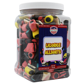 American Best Food Licorice Allsorts jar with colorful shapes for sharing.