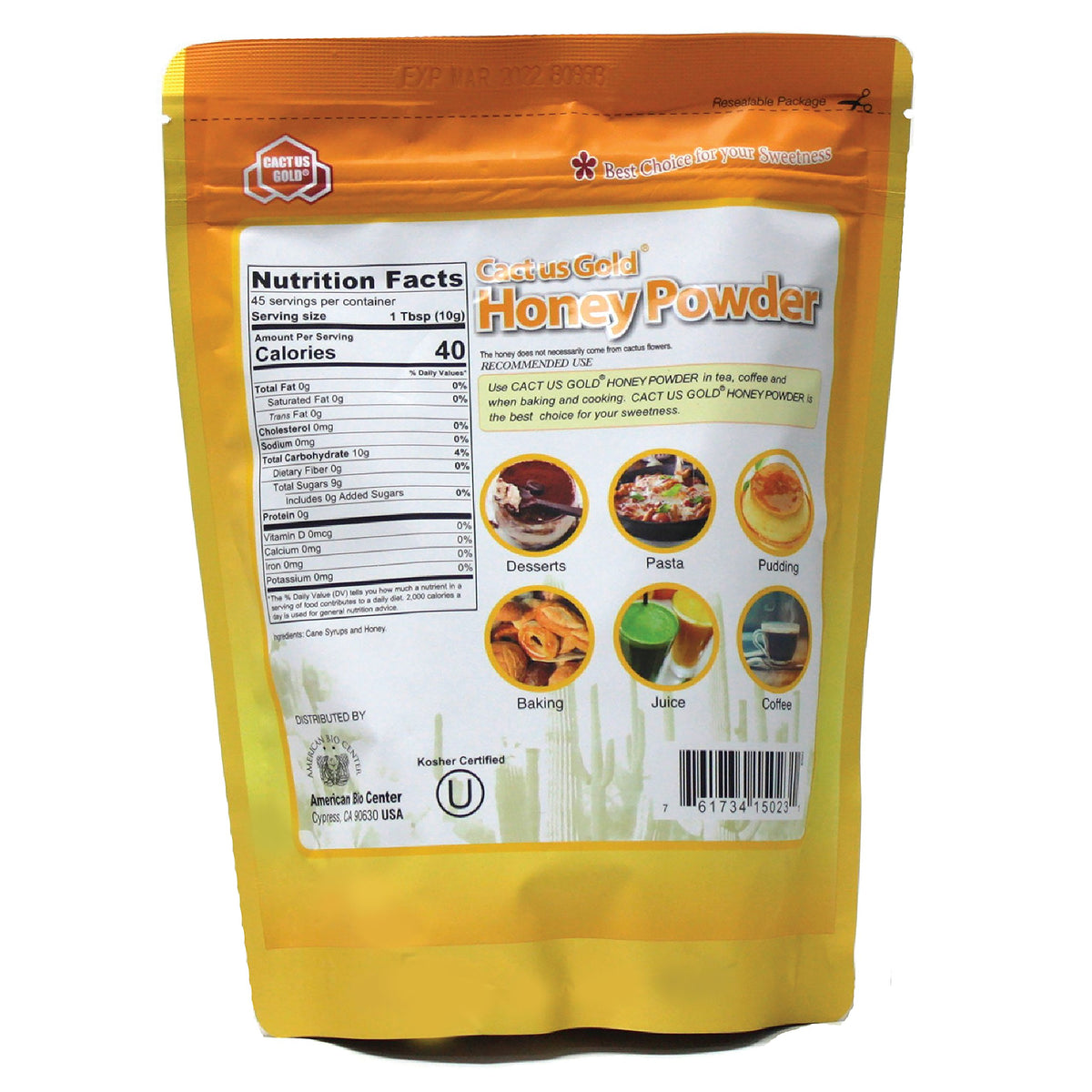 American Bio Center Cactus Gold Honey Powder jar closeup highlights natural cactus honey sweetness.