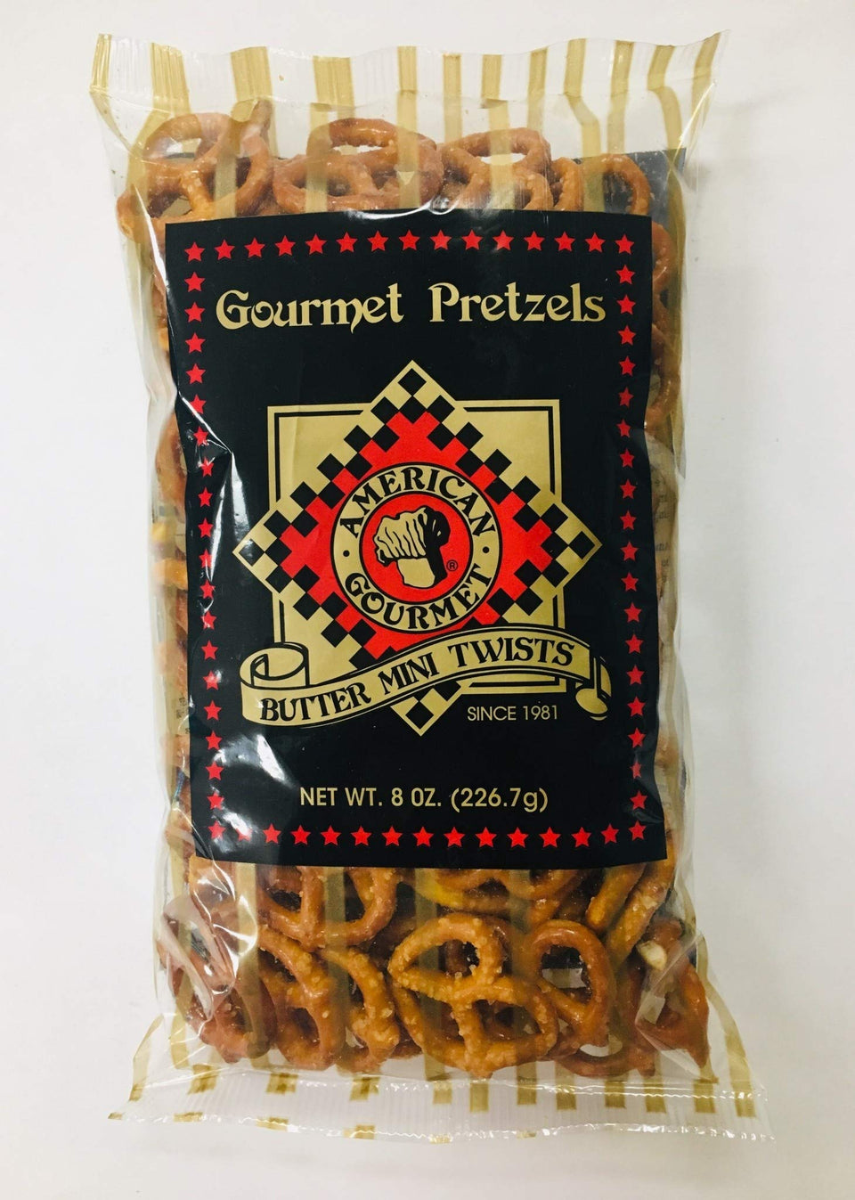 American Gourmet Butter Mini Twist Pretzels in 8 oz bag, buttery and crispy, ideal for on-the-go snacking