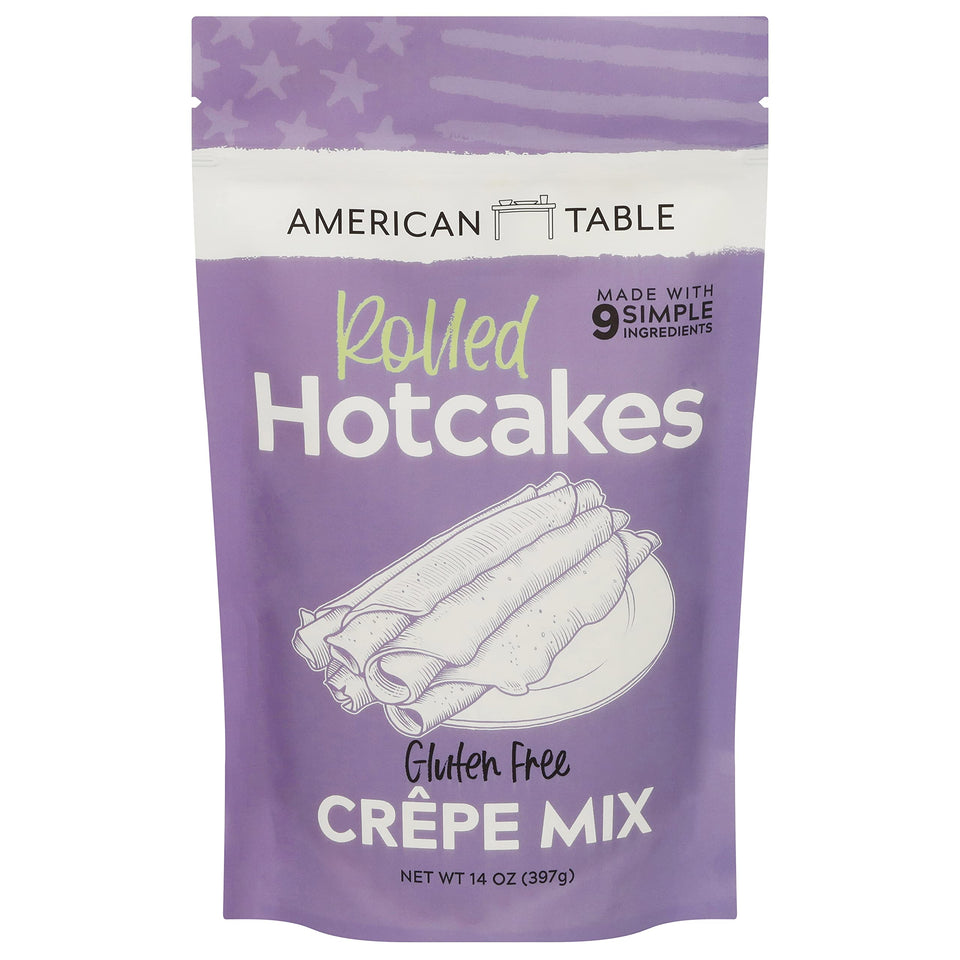 American Table gluten-free rolled hotcakes crepe mix in resealable bag for easy pantry storage.