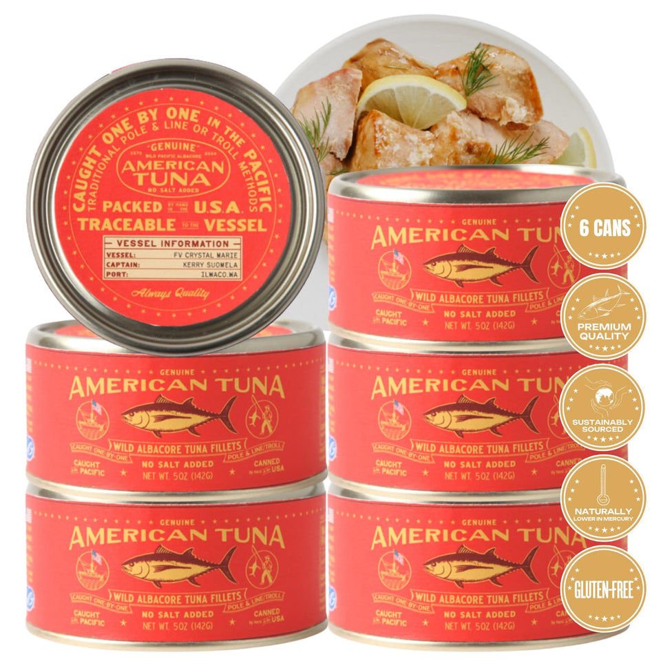 American Tuna sushi-grade wild-albacore tuna can with premium flavor label