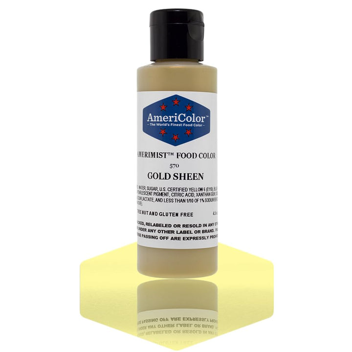 AmeriColor Amerimist Gold Sheen edible paint for airbrushing on cakes and decorations.