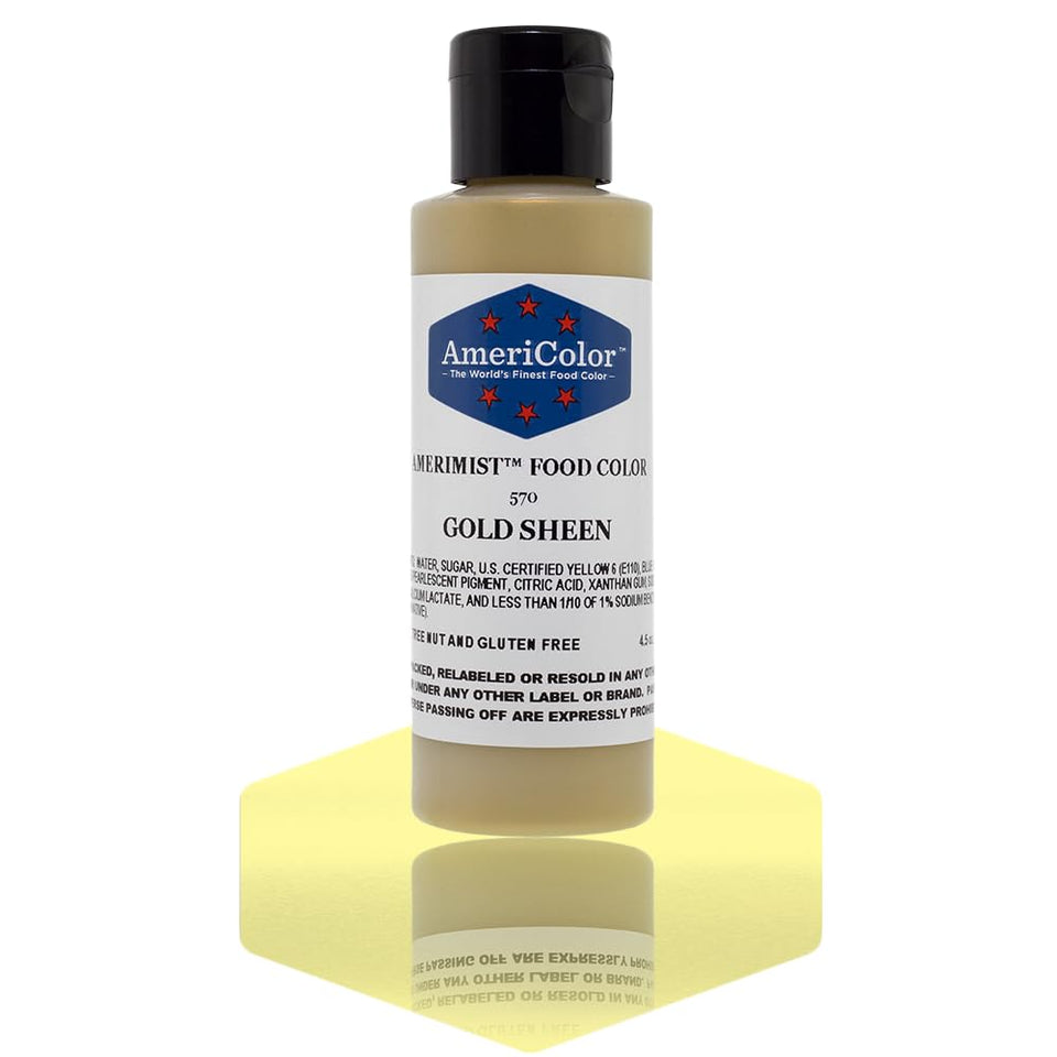 AmeriColor Amerimist Gold Sheen edible paint for airbrushing on cakes and decorations.