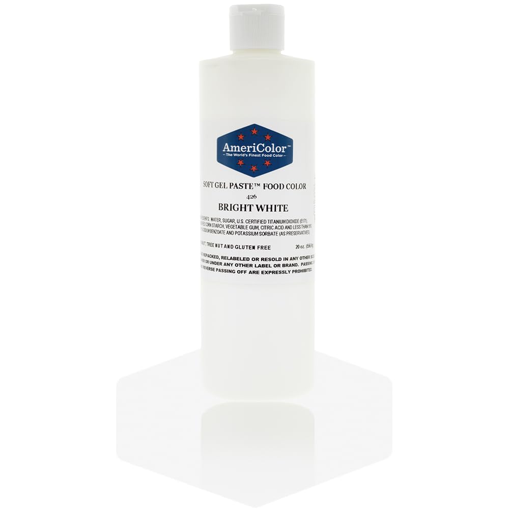 AmeriColor Bright White Soft Gel Paste bottle for vibrant royal icing color.