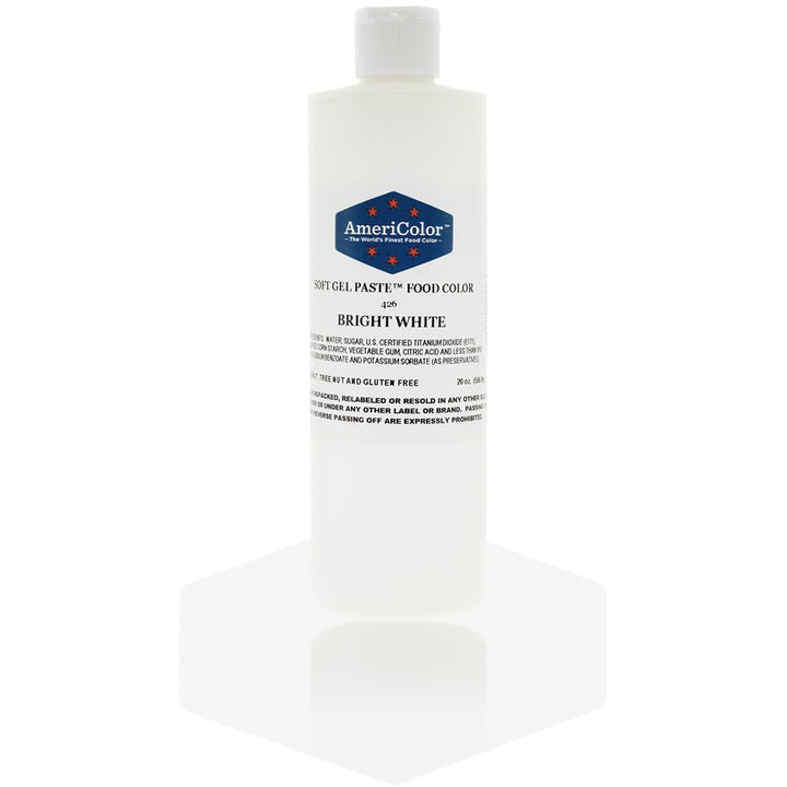 AmeriColor Bright White Soft Gel Paste bottle for vibrant royal icing color.