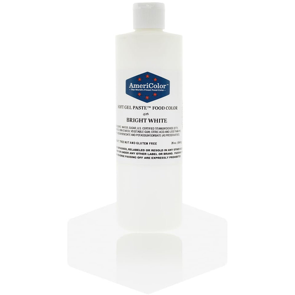 AmeriColor Bright White Soft Gel Paste bottle for vibrant royal icing color.