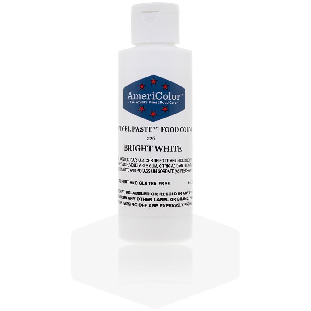 AmeriColor Soft Gel Paste Bright White bottle for vibrant, consistent icing colors.