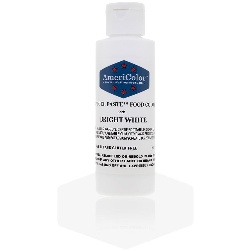 AmeriColor Soft Gel Paste Bright White bottle for vibrant, consistent icing colors.