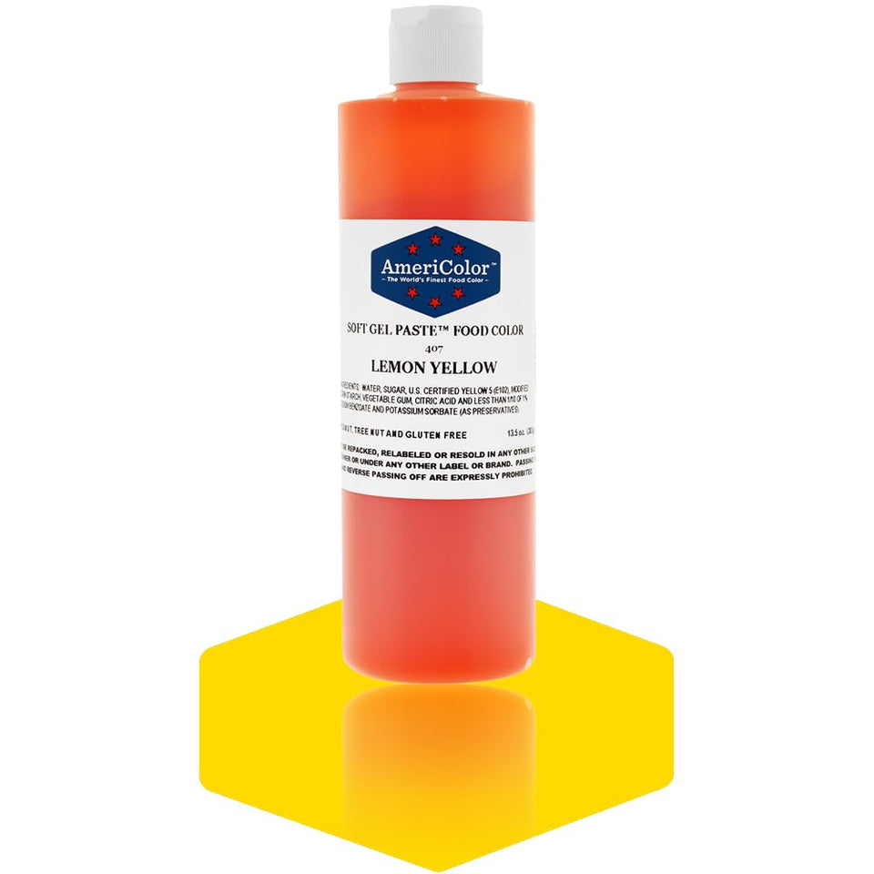 Americolor Soft Gel Paste Lemon Yellow packaging for vibrant cake decorating.