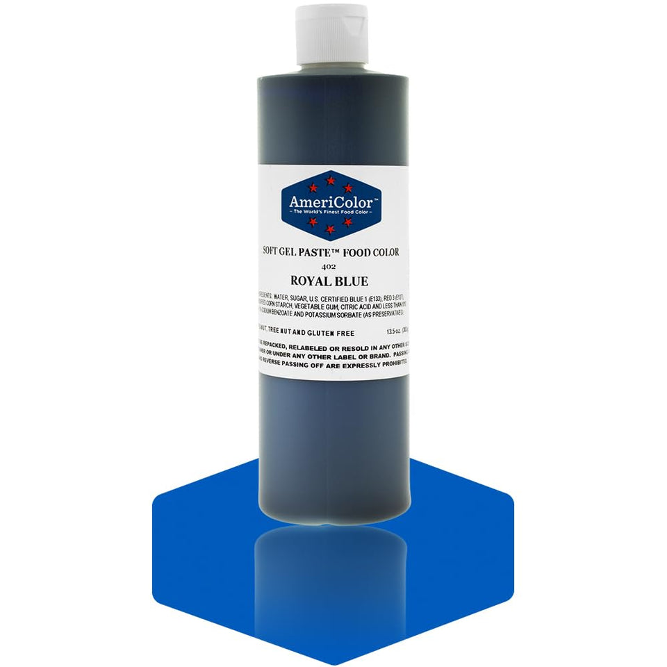 Americolor Royal Blue soft gel paste bottle pour colors fondant smoothly.
