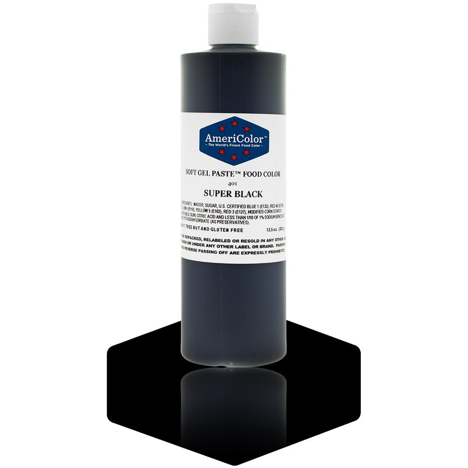 AmeriColor Soft Gel Paste Super Black bottle front delivers vibrant, consistent color for cakes.