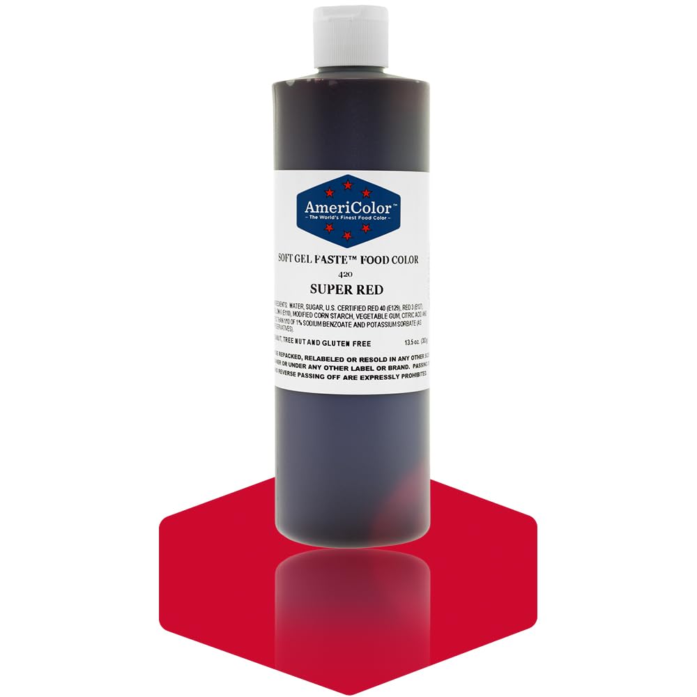 AmeriColor Super Red gel paste drops in a flip-top bottle for precise color control in desserts