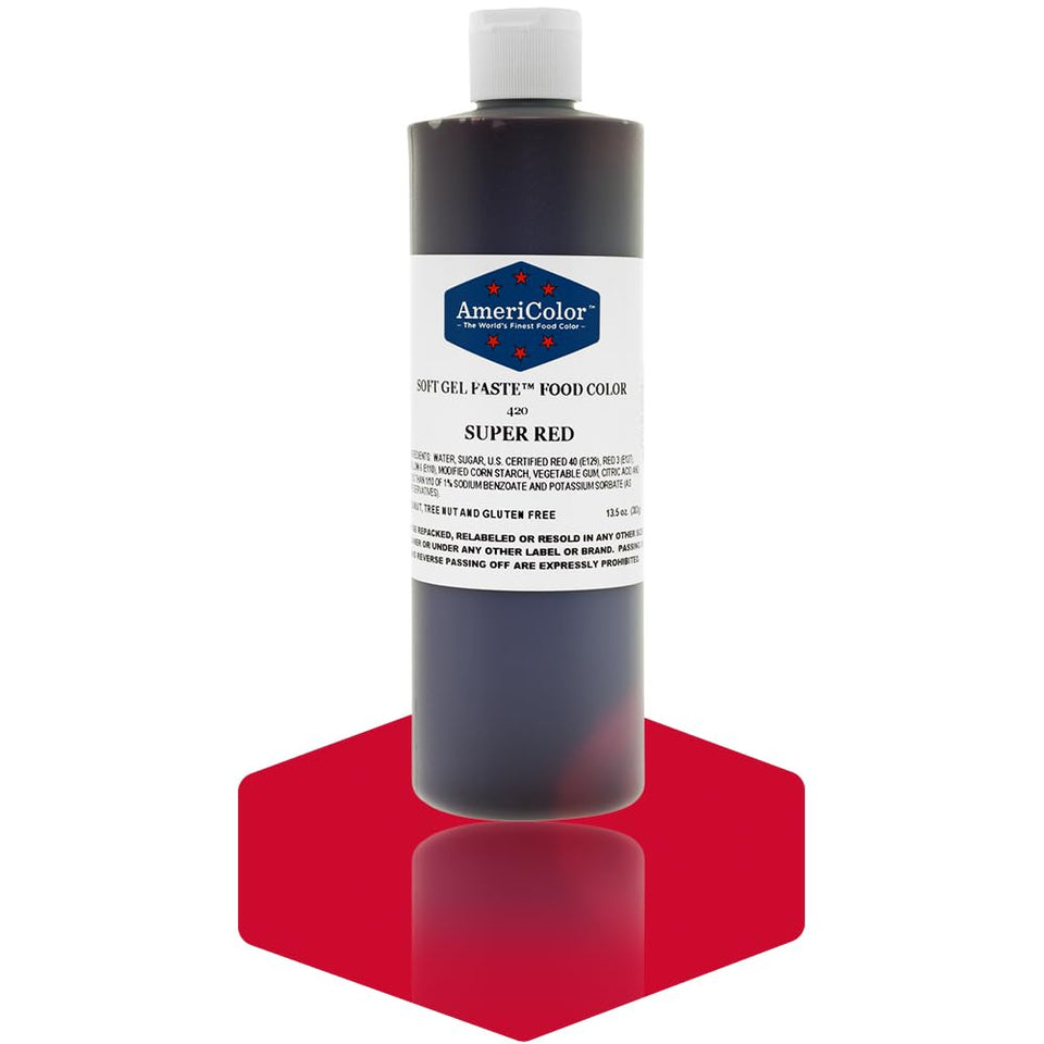 AmeriColor Super Red gel paste drops in a flip-top bottle for precise color control in desserts