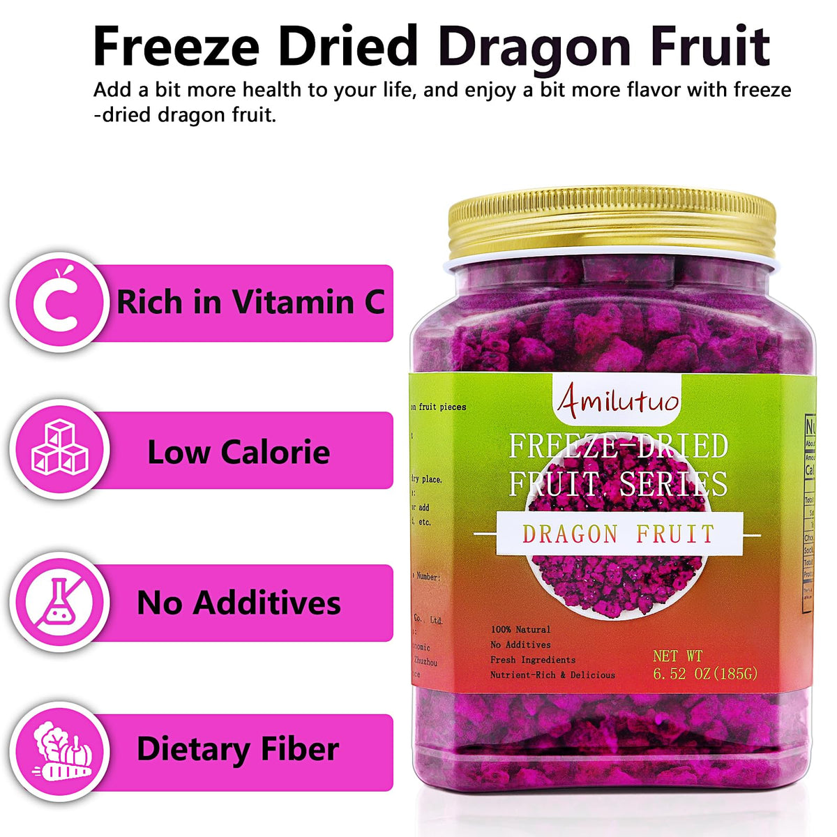 Amilutuo freeze-dried dragon fruit snack in a resealable jar with no added sugars.