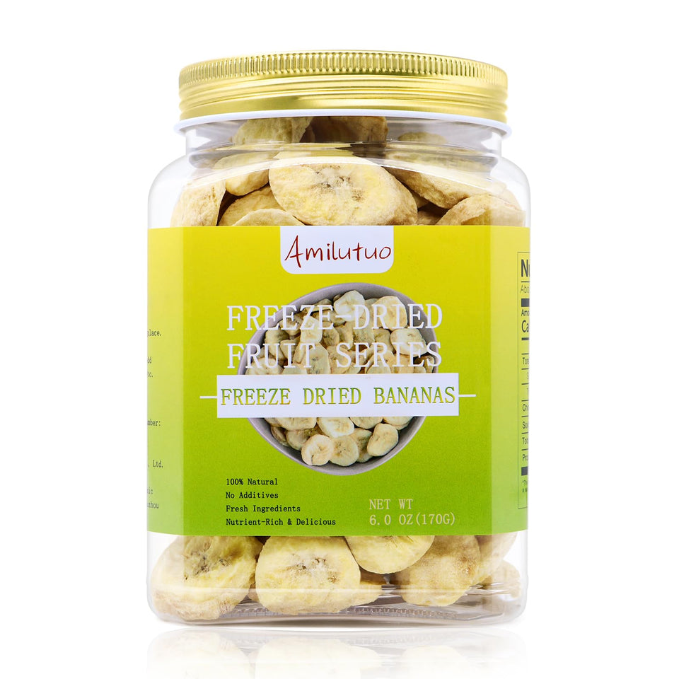 Amilutuo freeze-dried bananas in packaging showing preserved crunch for travel snacking.