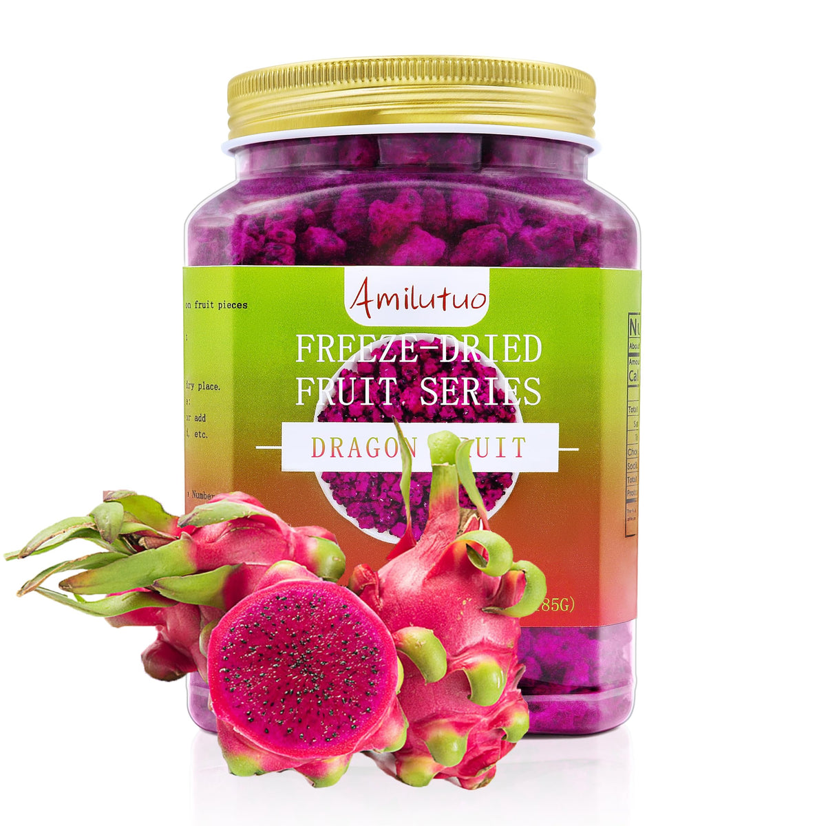Amilutuo freeze-dried dragon fruit chunks packshot in 183g jar.