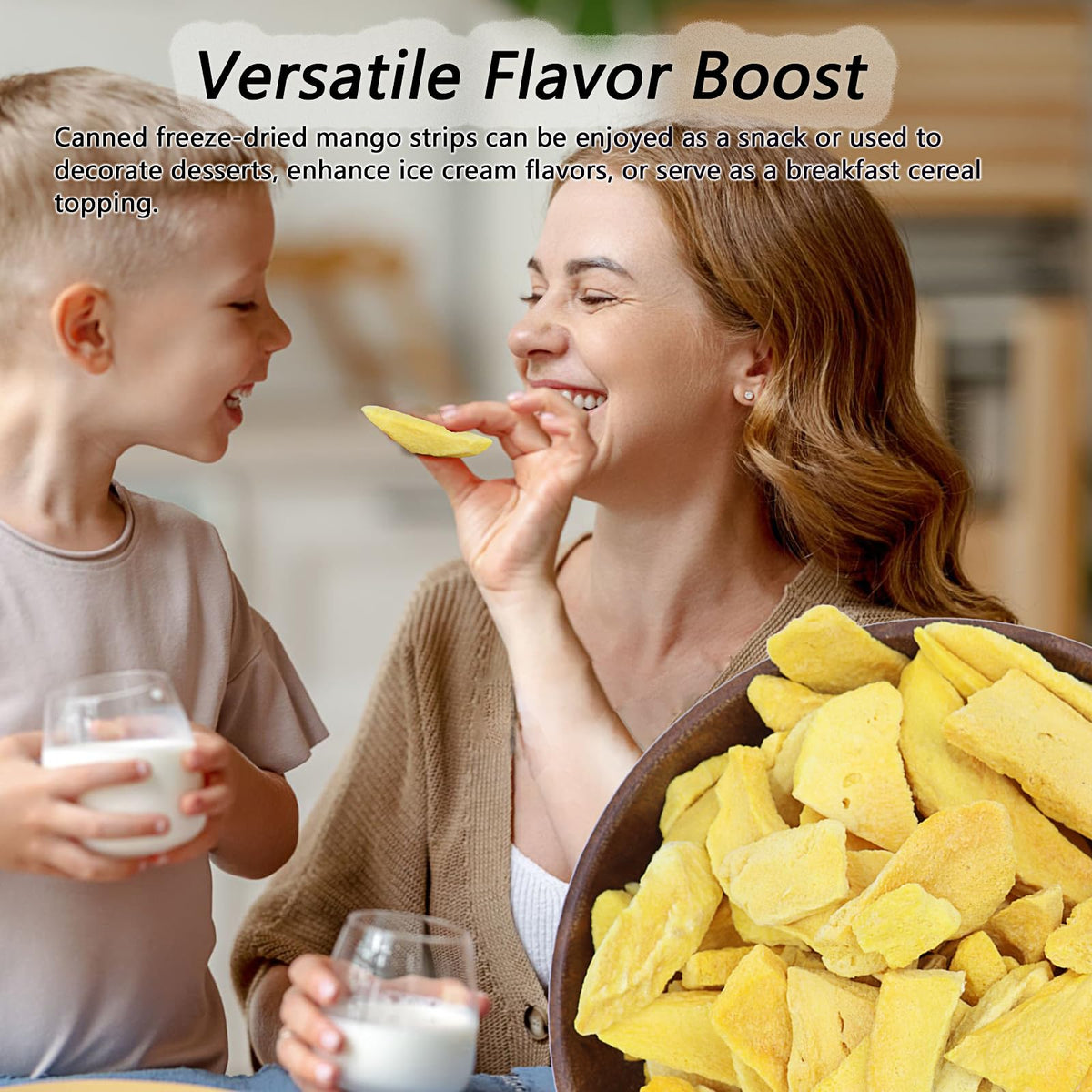 Amilutuo jar with mango crisps promotes pantry-friendly, sugar-free fruit option.