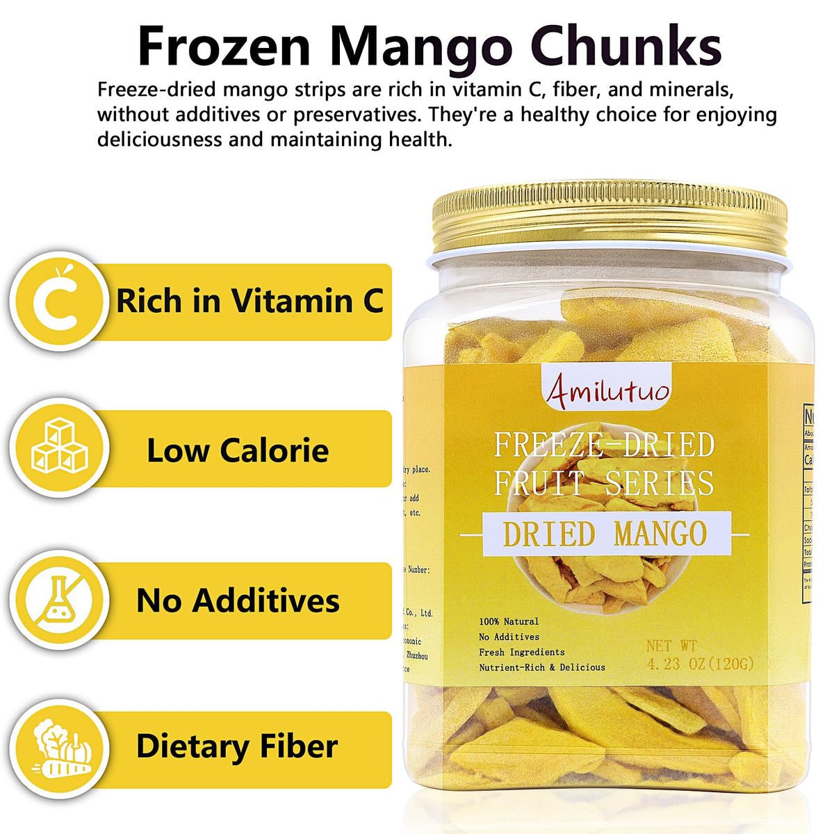 Amilutuo mango crisps jar packaging highlights portable, long-lasting dried fruit.