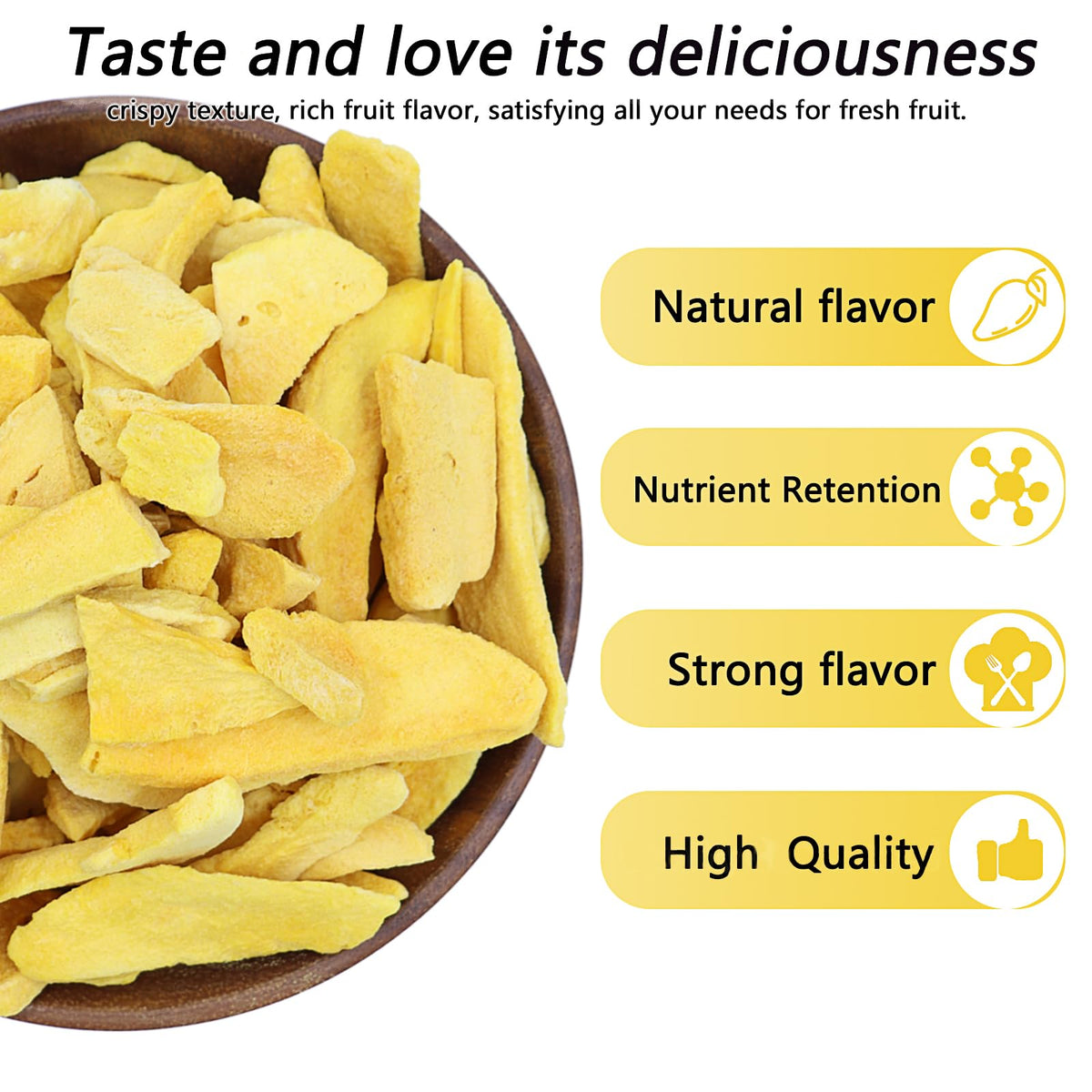 Amilutuo freeze dried mango close-up captures vibrant color and natural sweetness.