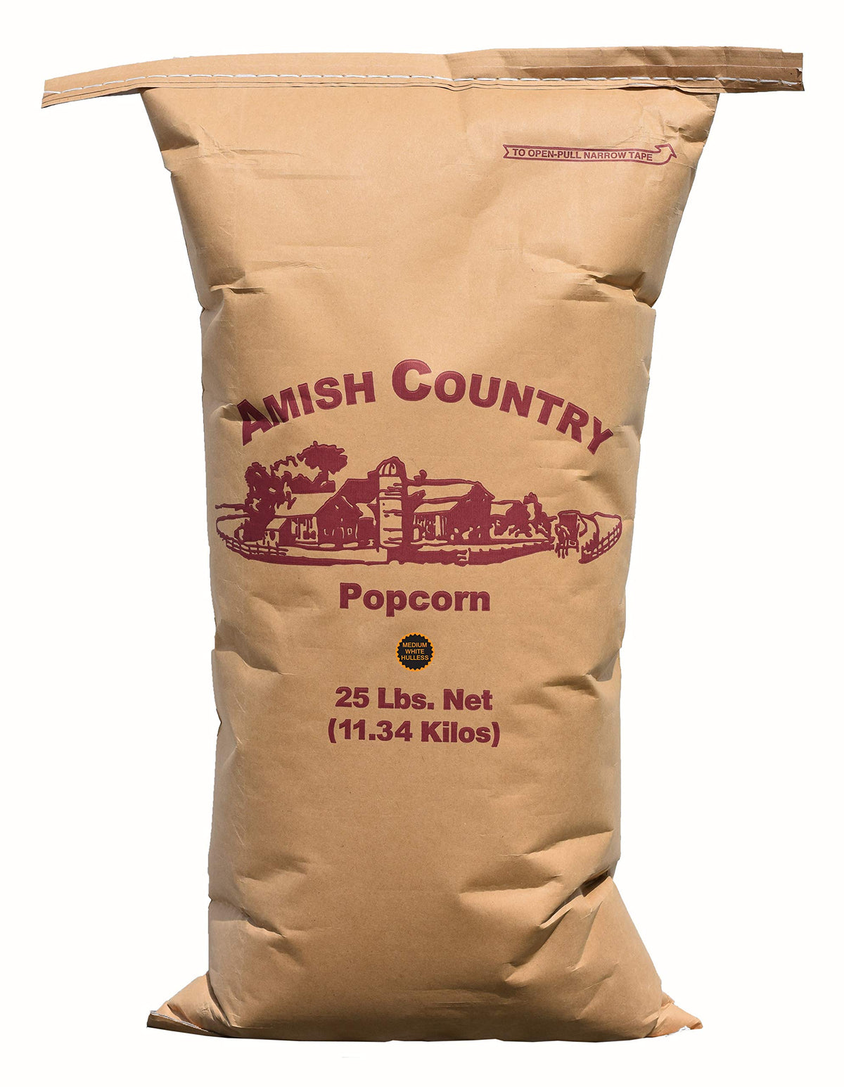 Amish Country Popcorn 25 lb bag with medium white kernels for large batches.