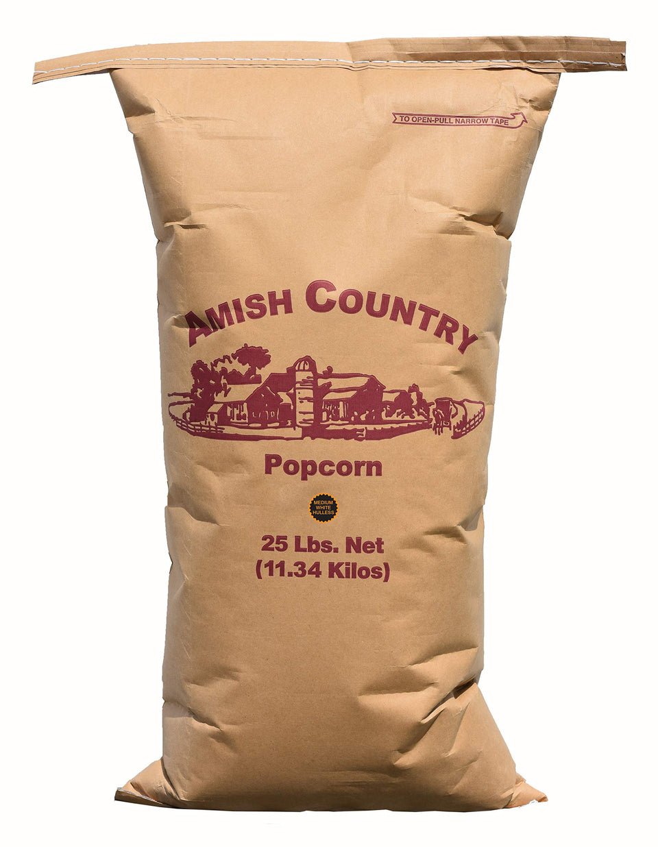 Amish Country Popcorn 25 lb bag with medium white kernels for large batches.